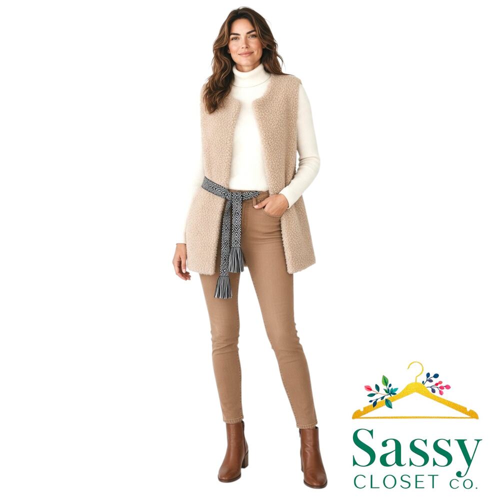 HM Tan Shaggy Faux Shearling Longline Vest XS NWT Belted Boho Jacket